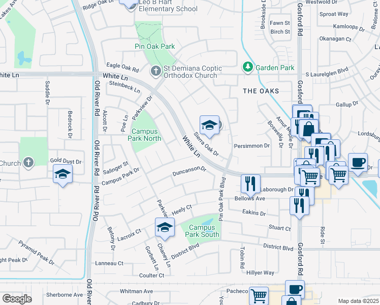 map of restaurants, bars, coffee shops, grocery stores, and more near 8904 Thurber Lane in Bakersfield