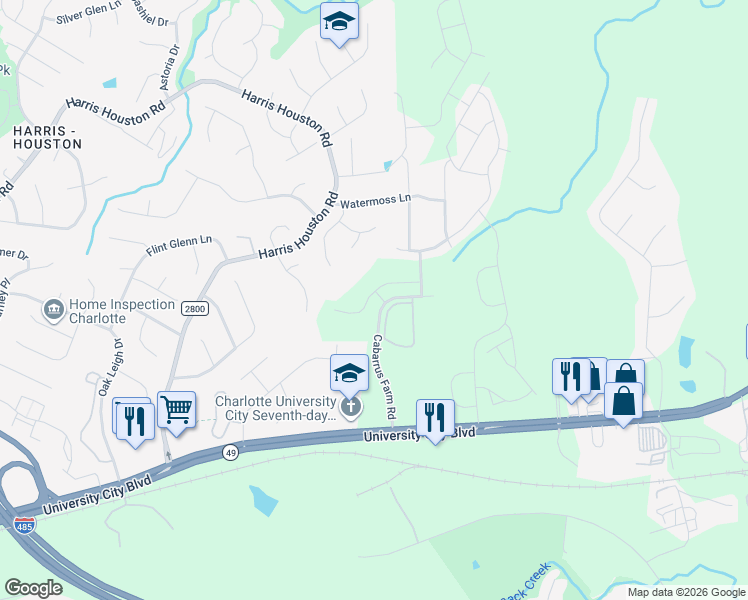 map of restaurants, bars, coffee shops, grocery stores, and more near 1951 Village Creek Court in Charlotte