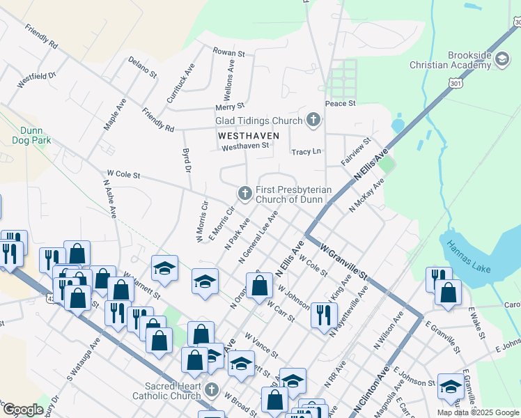 map of restaurants, bars, coffee shops, grocery stores, and more near 906 North Park Avenue in Dunn