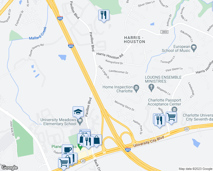 map of restaurants, bars, coffee shops, grocery stores, and more near 2426 Celosia Drive in Charlotte