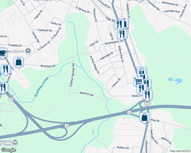 map of restaurants, bars, coffee shops, grocery stores, and more near 198 Greenfield Drive in Forest City