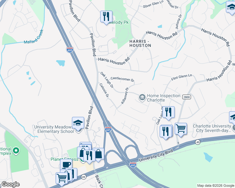map of restaurants, bars, coffee shops, grocery stores, and more near 2319 Oak Leigh Drive in Charlotte