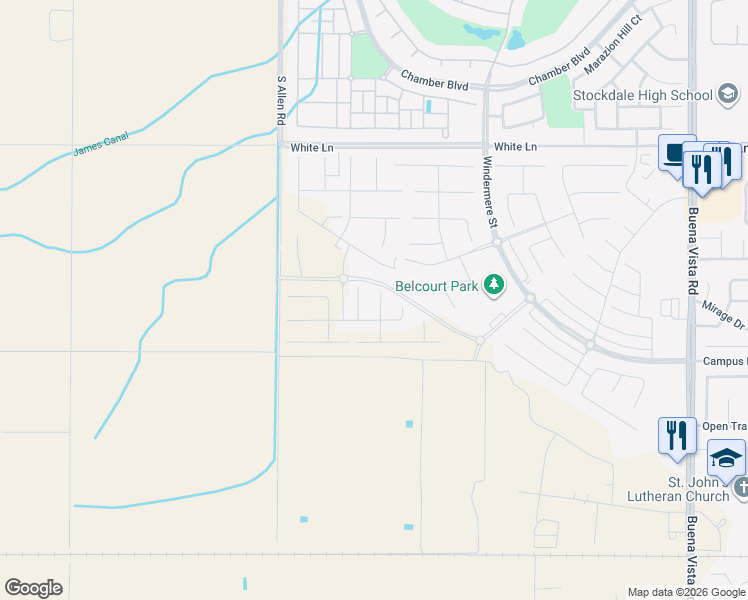 map of restaurants, bars, coffee shops, grocery stores, and more near 3815 Ames Lane in Bakersfield