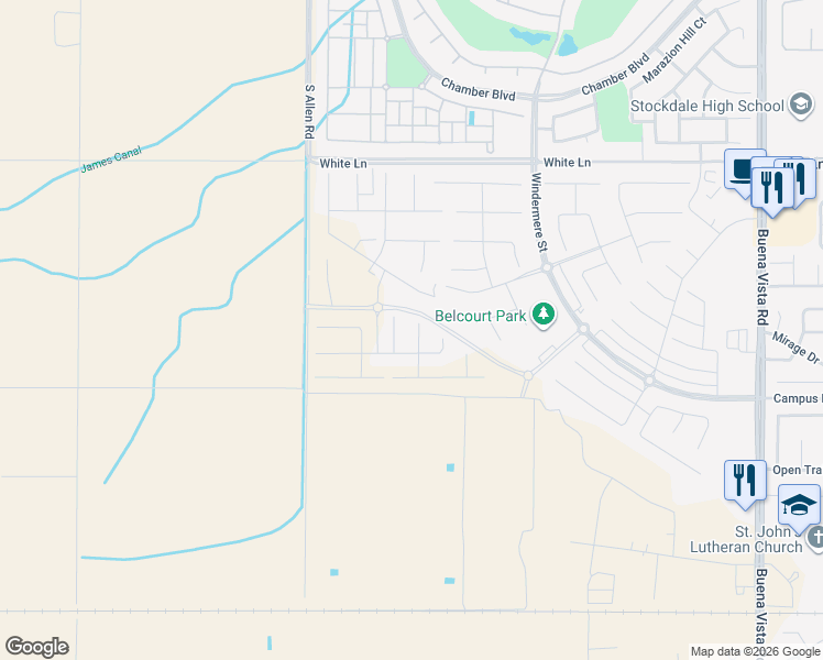 map of restaurants, bars, coffee shops, grocery stores, and more near 3815 Ames Lane in Bakersfield