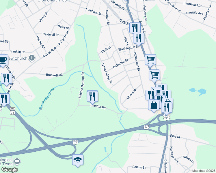 map of restaurants, bars, coffee shops, grocery stores, and more near 198 Greenfield Drive in Forest City