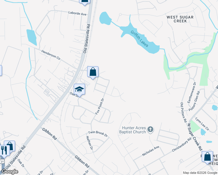 map of restaurants, bars, coffee shops, grocery stores, and more near 7342 Fox Point Drive in Charlotte