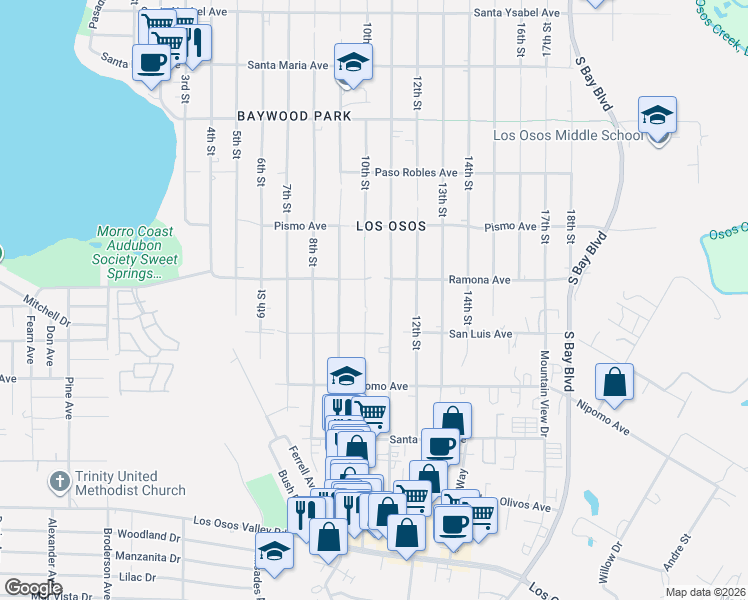 map of restaurants, bars, coffee shops, grocery stores, and more near 1025 Ramona Avenue in Baywood-Los Osos