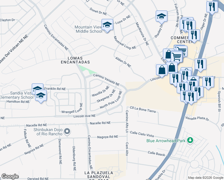 map of restaurants, bars, coffee shops, grocery stores, and more near 7250 Wasilla Drive Northeast in Rio Rancho
