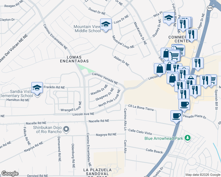 map of restaurants, bars, coffee shops, grocery stores, and more near 7250 Wasilla Drive Northeast in Rio Rancho