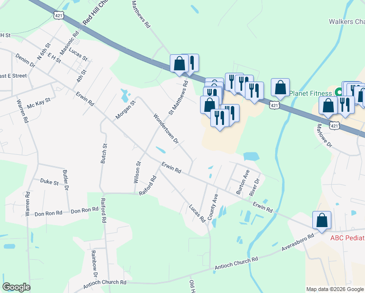 map of restaurants, bars, coffee shops, grocery stores, and more near 206 Hope Street in Erwin