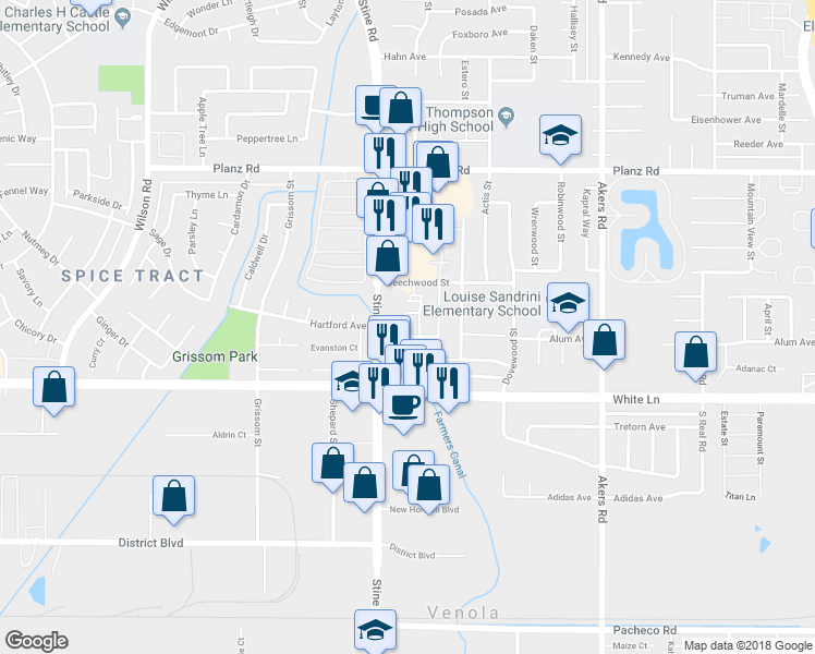 map of restaurants, bars, coffee shops, grocery stores, and more near 4701 Beechwood Street in Bakersfield