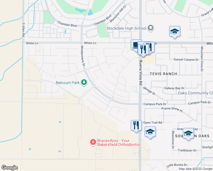 map of restaurants, bars, coffee shops, grocery stores, and more near 11807 Caramella Circle in Bakersfield
