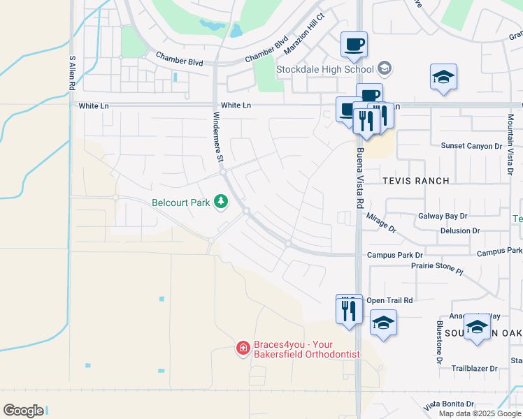 map of restaurants, bars, coffee shops, grocery stores, and more near 12000 Campus Park Drive in Bakersfield