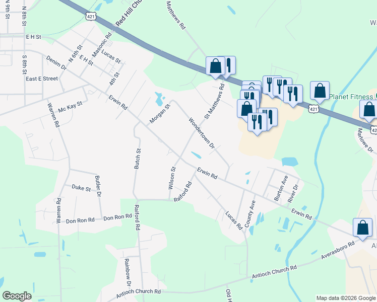 map of restaurants, bars, coffee shops, grocery stores, and more near 105 Saint Matthews Road in Erwin