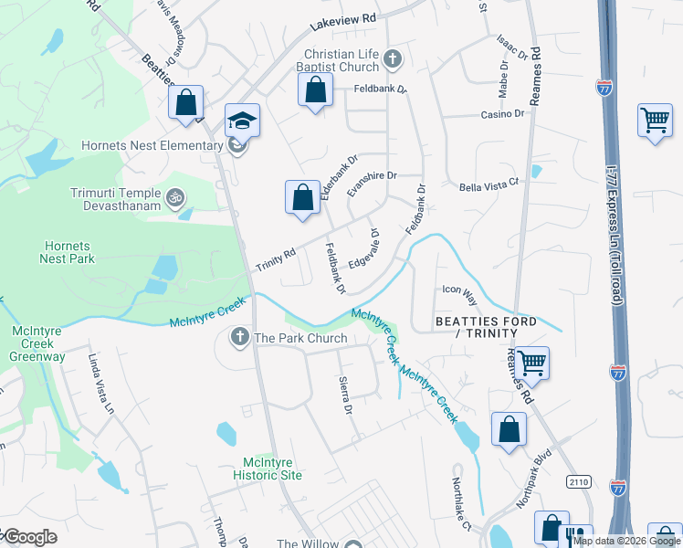 map of restaurants, bars, coffee shops, grocery stores, and more near 9215 Edgevale Drive in Charlotte