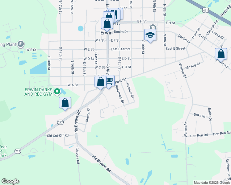 map of restaurants, bars, coffee shops, grocery stores, and more near 801 Rosemary Street in Erwin