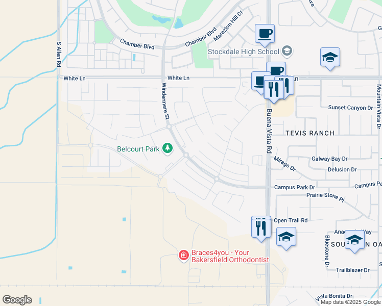 map of restaurants, bars, coffee shops, grocery stores, and more near 12000 Campus Park Drive in Bakersfield