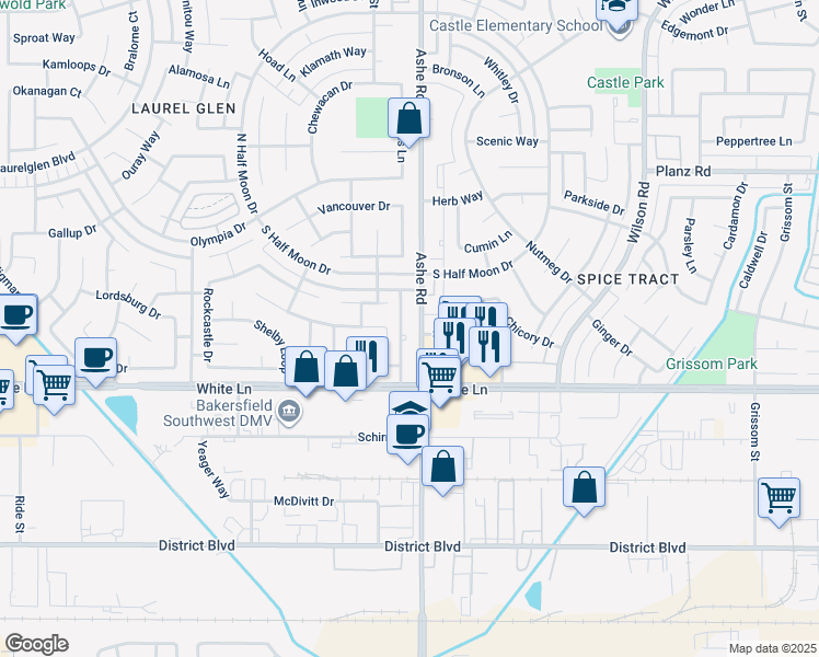 map of restaurants, bars, coffee shops, grocery stores, and more near 3801 Ashe Road in Bakersfield