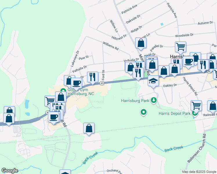 map of restaurants, bars, coffee shops, grocery stores, and more near 5427 State Highway 49 in Harrisburg