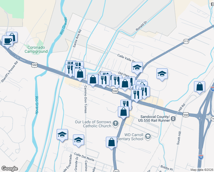 map of restaurants, bars, coffee shops, grocery stores, and more near 248 U.S. 550 in Bernalillo