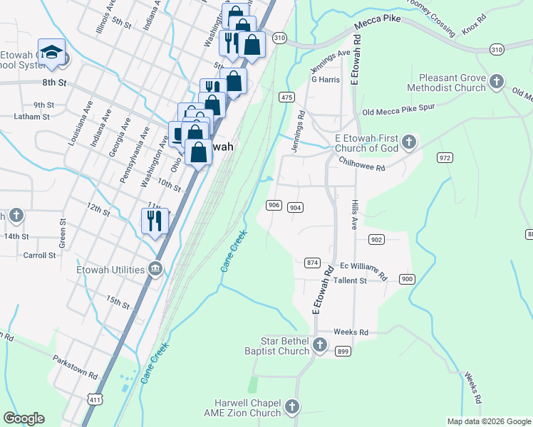 map of restaurants, bars, coffee shops, grocery stores, and more near 172 County Road 906 in Etowah