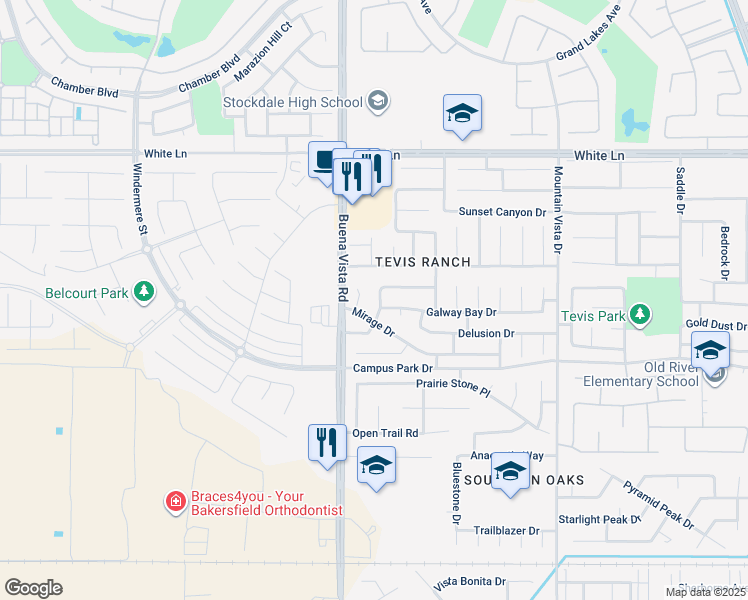 map of restaurants, bars, coffee shops, grocery stores, and more near 3815 Looming Bend Drive in Bakersfield