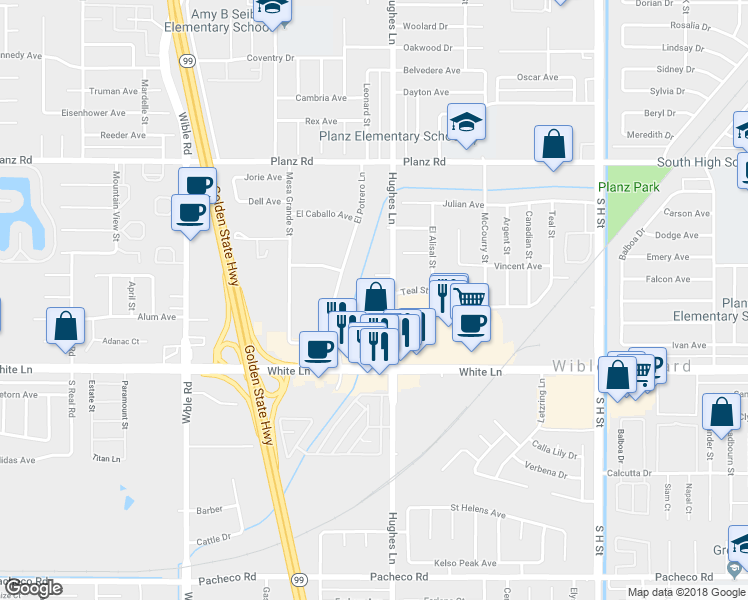 map of restaurants, bars, coffee shops, grocery stores, and more near 2516 Tricia Court in Bakersfield