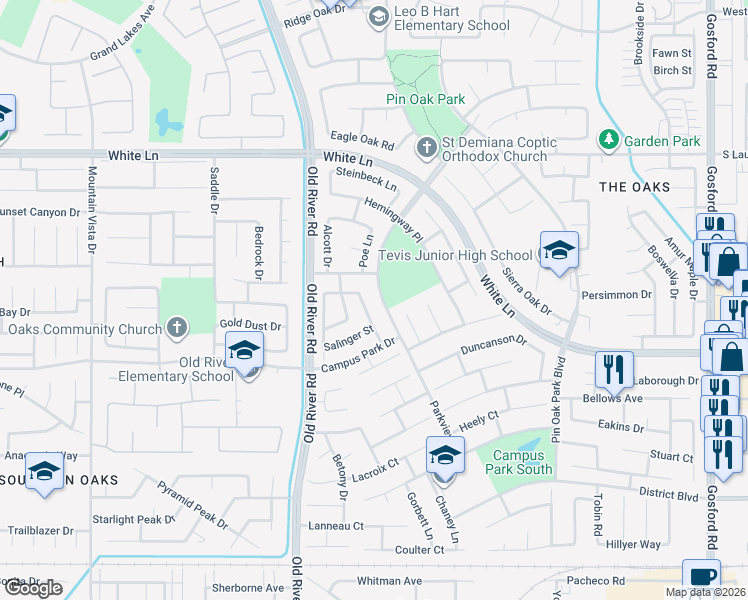 map of restaurants, bars, coffee shops, grocery stores, and more near 3815 Parkview Drive in Bakersfield