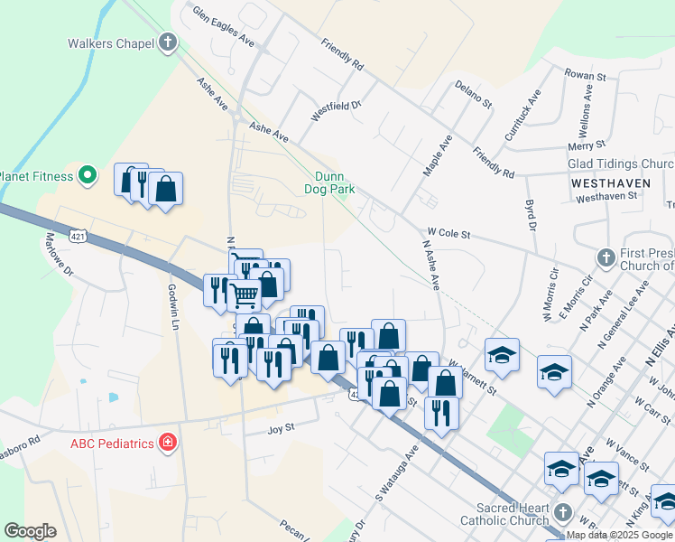 map of restaurants, bars, coffee shops, grocery stores, and more near 400 Ponderosa Drive in Dunn