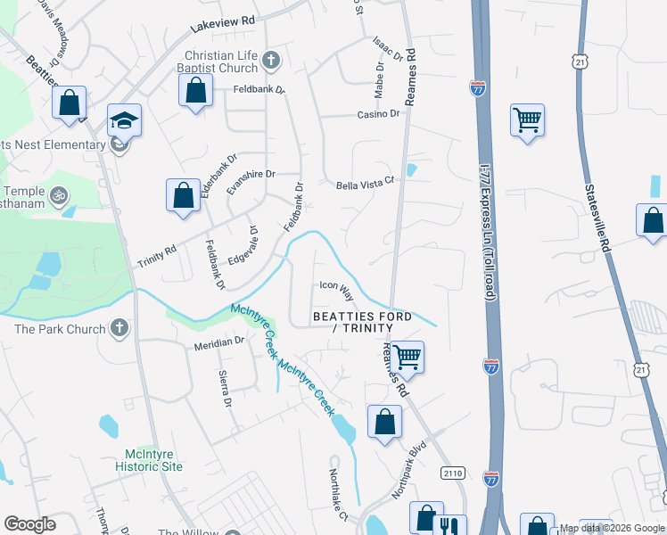 map of restaurants, bars, coffee shops, grocery stores, and more near 7924 Rolling Stone Avenue in Charlotte