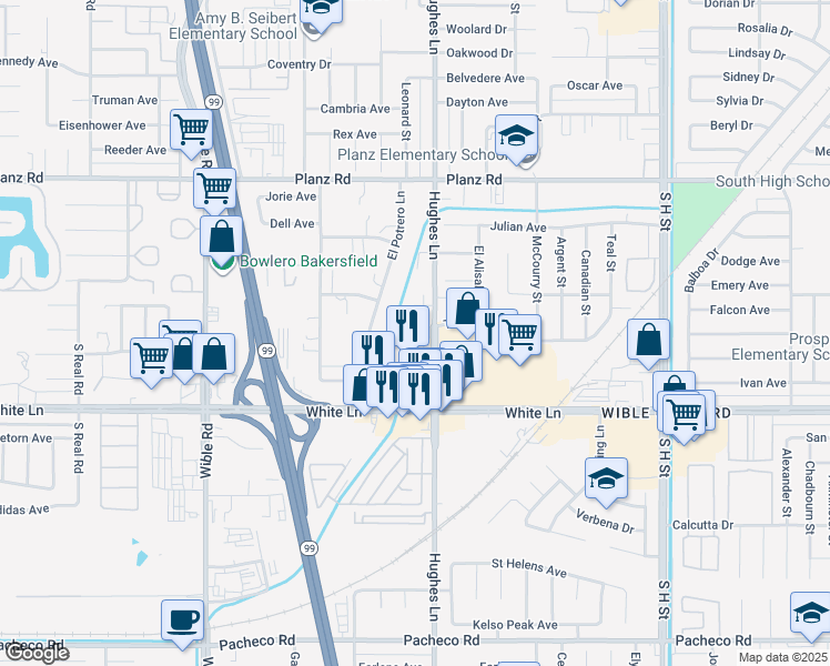 map of restaurants, bars, coffee shops, grocery stores, and more near 2517 Tricia Court in Bakersfield