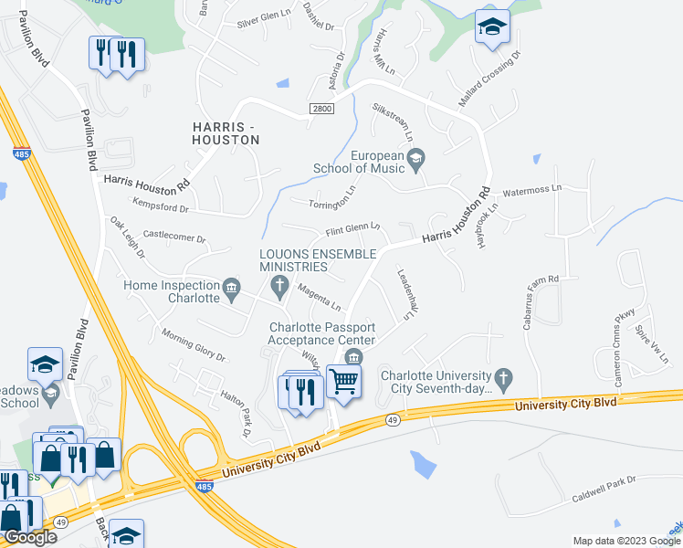 map of restaurants, bars, coffee shops, grocery stores, and more near 10911 Balbriggan Court in Charlotte