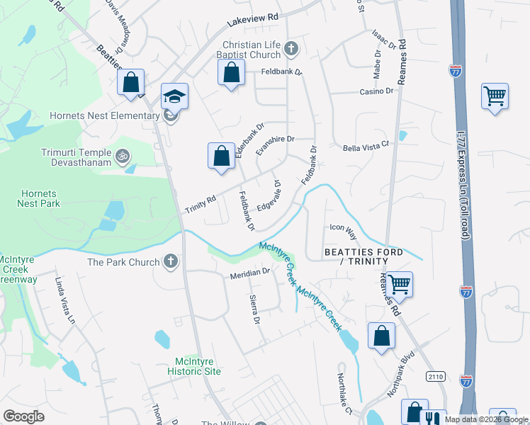 map of restaurants, bars, coffee shops, grocery stores, and more near 9215 Edgevale Drive in Charlotte