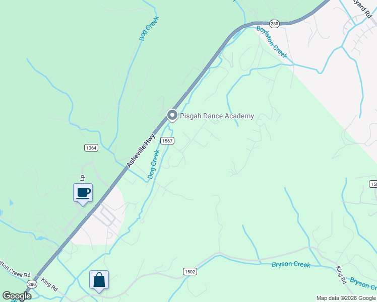 map of restaurants, bars, coffee shops, grocery stores, and more near 45 Sandrock Trail in Pisgah Forest