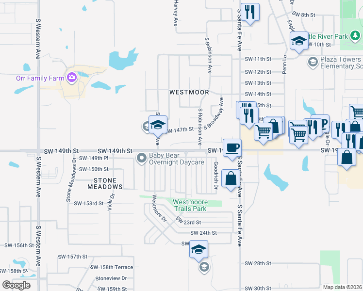 map of restaurants, bars, coffee shops, grocery stores, and more near 228 Southwest 148th Street in Oklahoma City