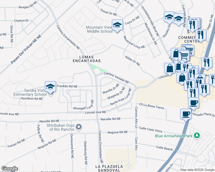 map of restaurants, bars, coffee shops, grocery stores, and more near 7120 Fairbanks Drive Northeast in Rio Rancho