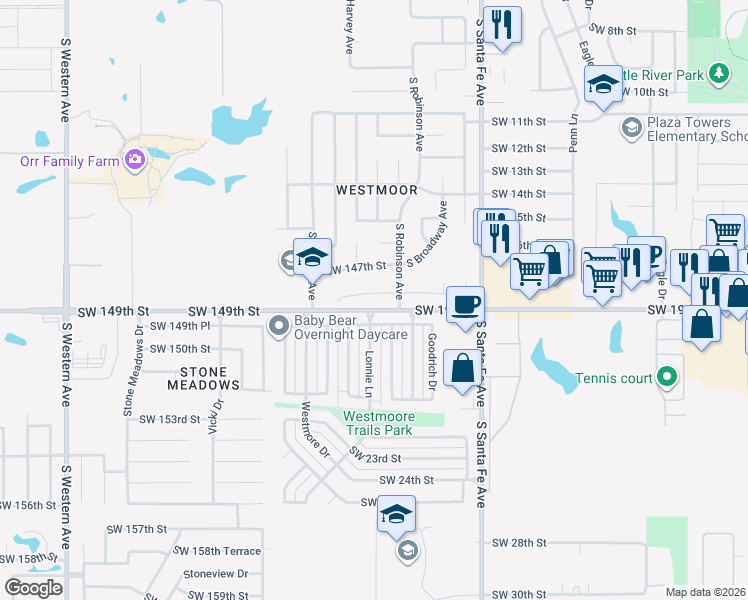 map of restaurants, bars, coffee shops, grocery stores, and more near 213 Southwest 148th Street in Oklahoma City