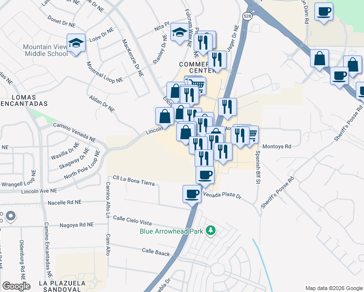map of restaurants, bars, coffee shops, grocery stores, and more near Hill Road in Bernalillo