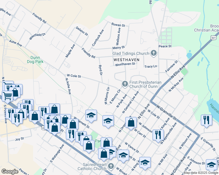map of restaurants, bars, coffee shops, grocery stores, and more near 1013 West Cole Street in Dunn