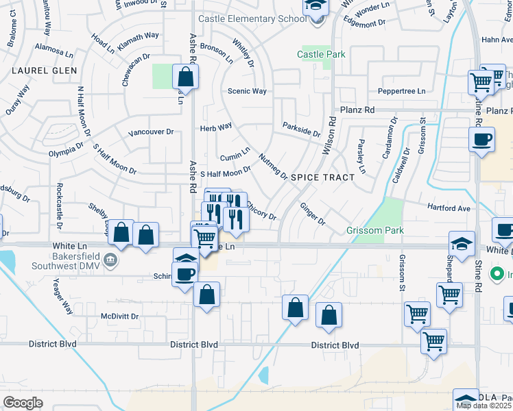 map of restaurants, bars, coffee shops, grocery stores, and more near 5908 Chicory Drive in Bakersfield