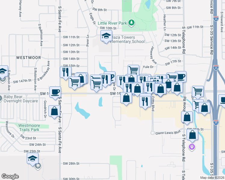 map of restaurants, bars, coffee shops, grocery stores, and more near 1813 Eagle Drive in Moore