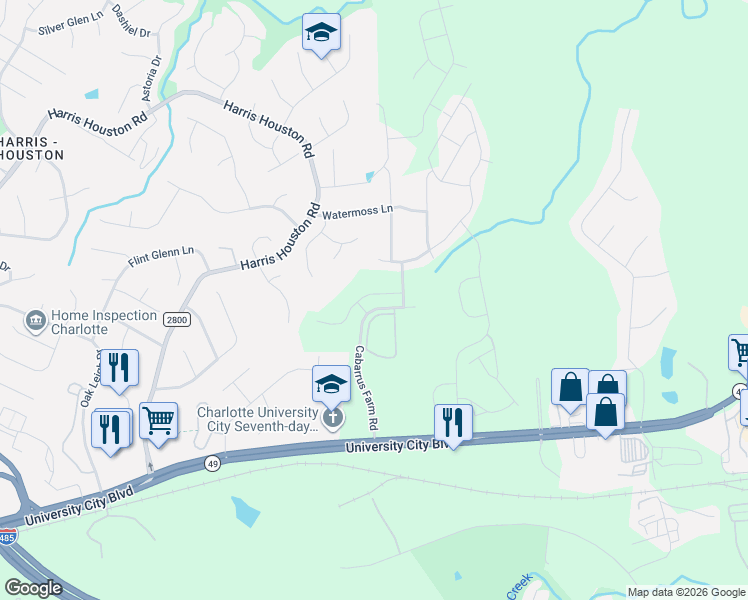 map of restaurants, bars, coffee shops, grocery stores, and more near 2035 Village Creek Court in Charlotte