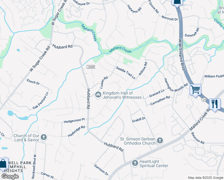 map of restaurants, bars, coffee shops, grocery stores, and more near 3610 Turnabout Place in Charlotte