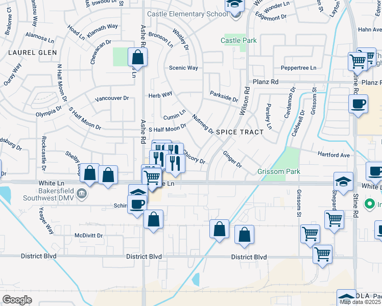 map of restaurants, bars, coffee shops, grocery stores, and more near 5908 Chicory Drive in Bakersfield