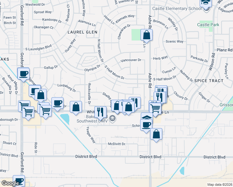map of restaurants, bars, coffee shops, grocery stores, and more near 6700 Plaquemines Drive in Bakersfield