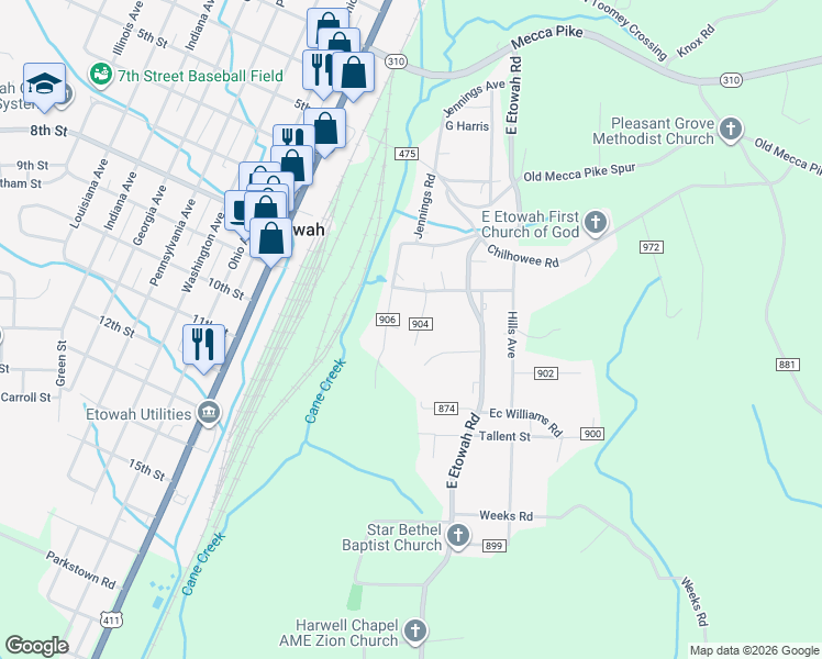 map of restaurants, bars, coffee shops, grocery stores, and more near 116 County Road 904 in Etowah