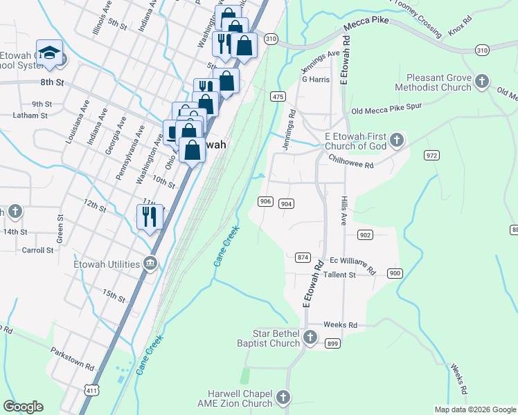 map of restaurants, bars, coffee shops, grocery stores, and more near 172 County Road 906 in Etowah