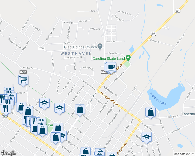 map of restaurants, bars, coffee shops, grocery stores, and more near 608 West Barrington Street in Dunn