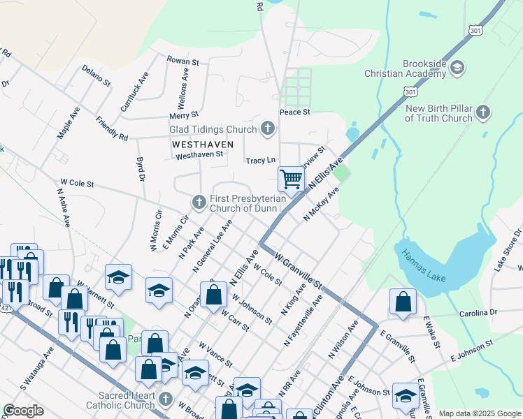 map of restaurants, bars, coffee shops, grocery stores, and more near 608 West Barrington Street in Dunn