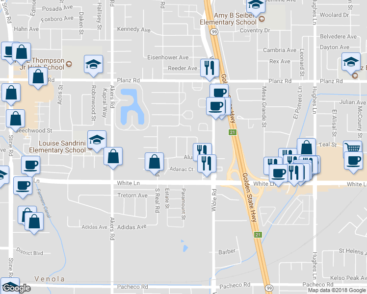 map of restaurants, bars, coffee shops, grocery stores, and more near 3801 April Street in Bakersfield